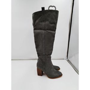 Gray soft Suede like material retro square chunky stacked heel knee boots 7